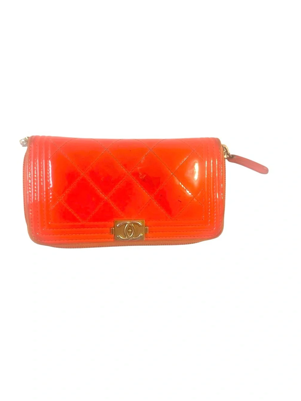 CHANEL Quilted Patent Zip Wallet in Bright Orange